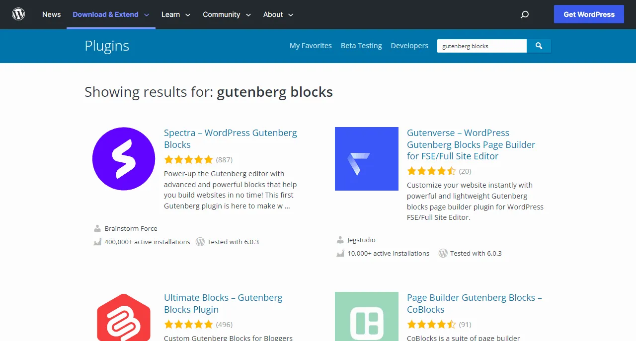 Searching the WordPress repository brings up enough choices of blocks.