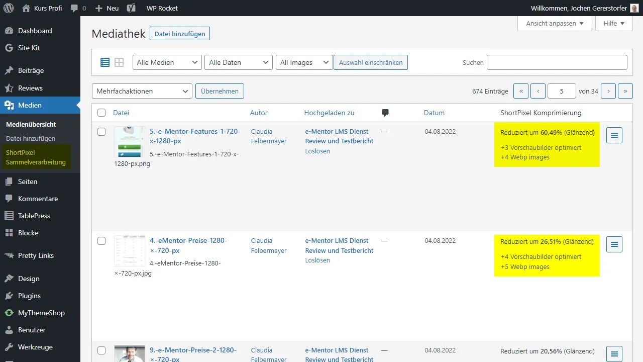 Die WordPress Mediathek mit den neuen Features. Siehe auch Sammelverarbeitung in der Sidebar.