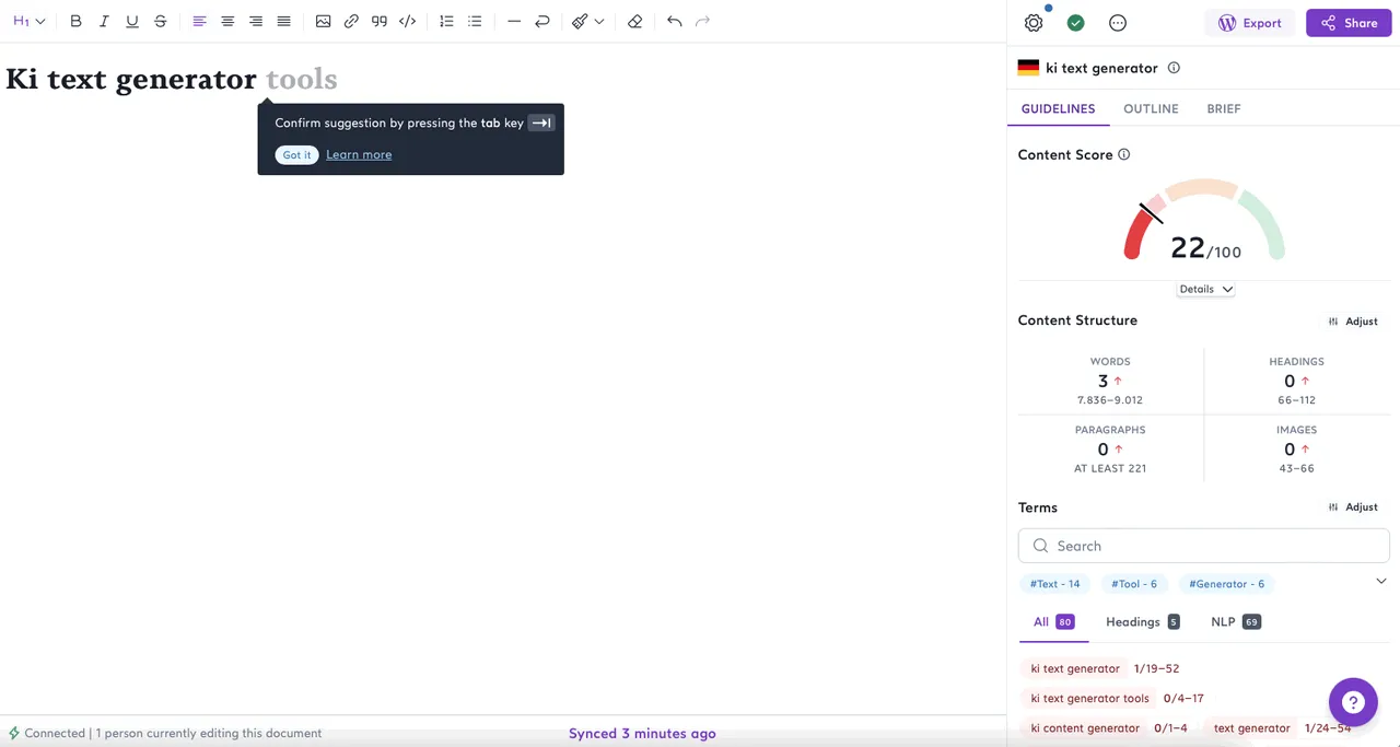 Surfer SEO liefert die optimalen Keywords für deinen Artikel.
