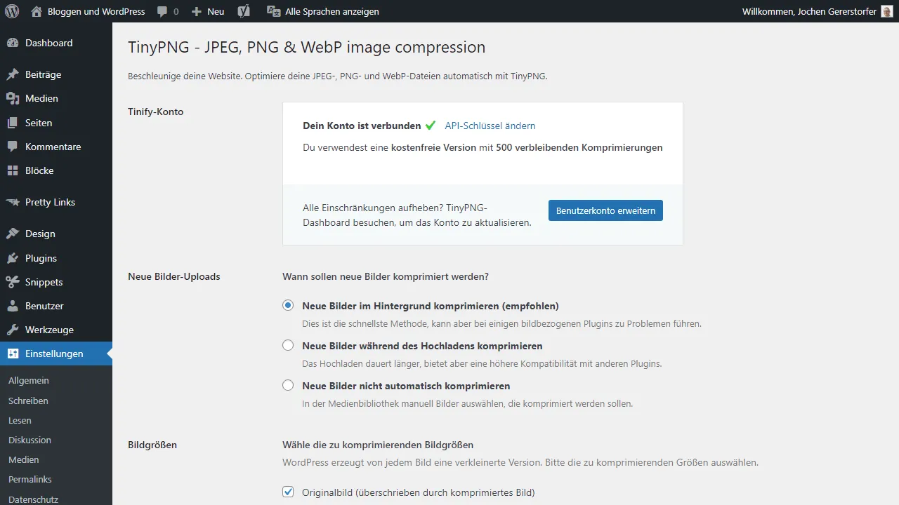 Die TinyPNG Plugin-Einstellungen.