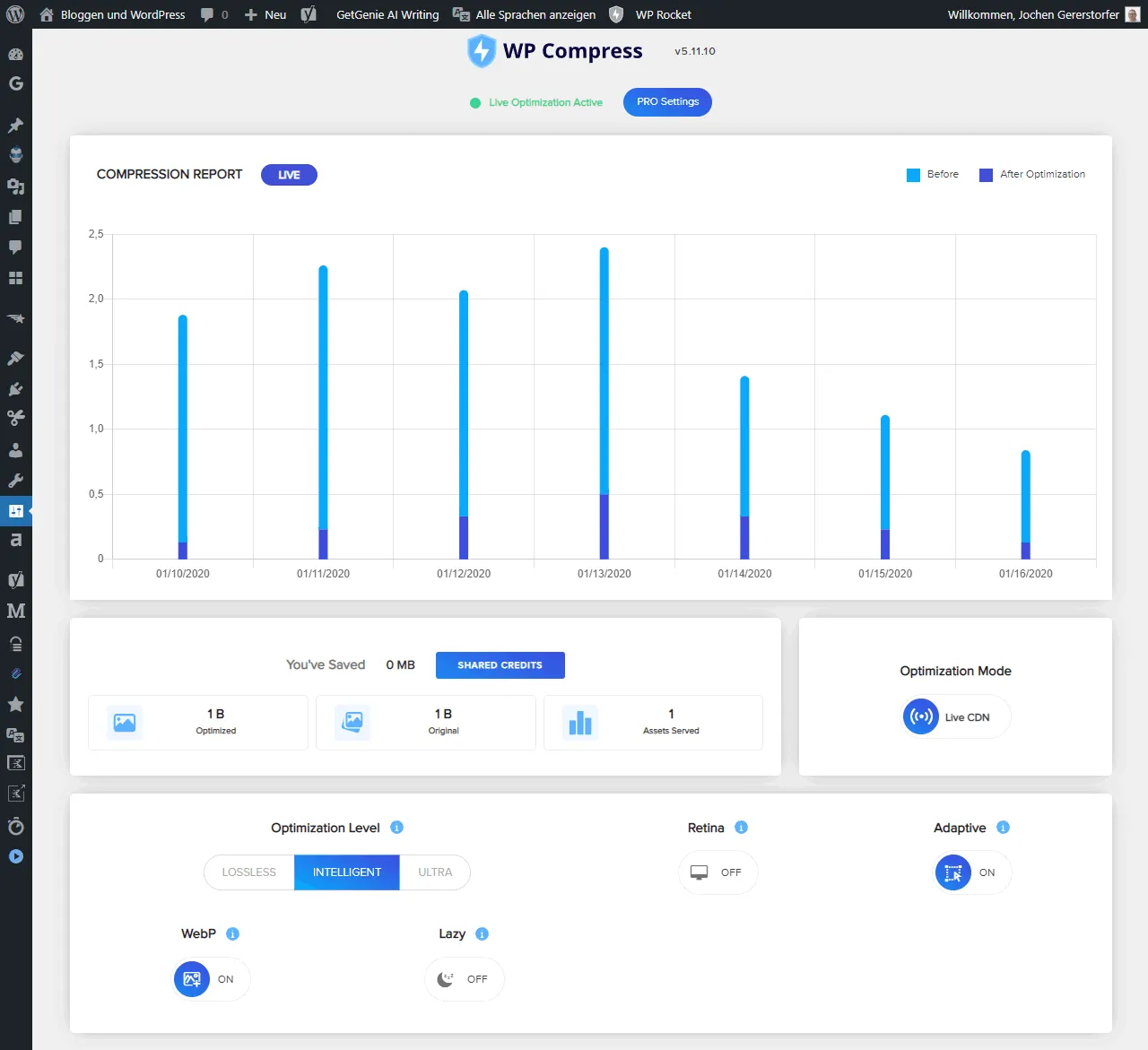 WordPress image optimization: WP Compress dashboard.